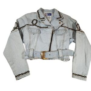 VTG IOU Women's Denim Jacket RARE Zipper Belted Embellished 90's Boho M